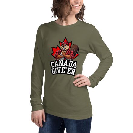 Unisex Long Sleeve Tee: Canada Give&#x27;er (Beaver Character B)