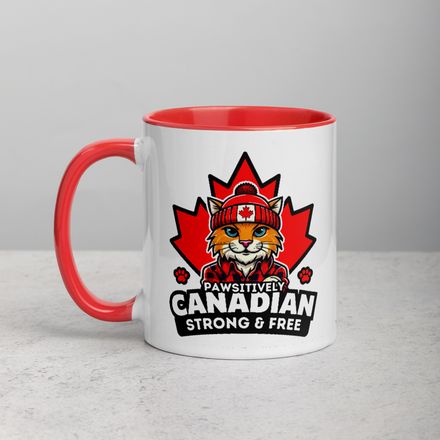White Ceramic Mug with Coloured Accent: Pawsitively Canadian Strong and Free (Cat Character)