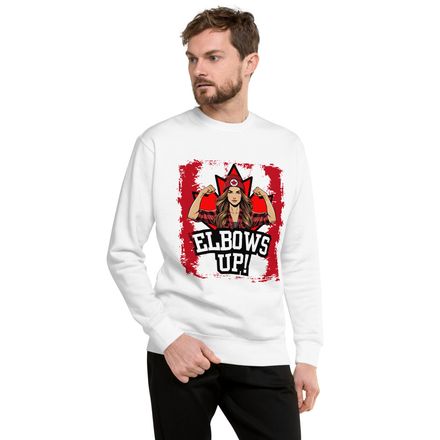 Unisex Premium Sweatshirt: Elbows Up Canada (Female Character)