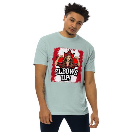 Men&#x27;s Premium Heavyweight Tee:  Elbows Up Canada (Female Character)