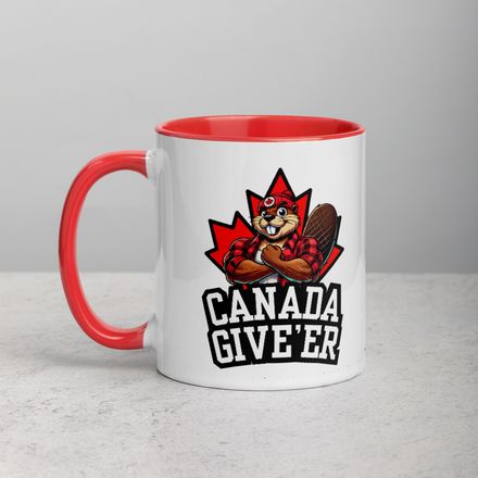 White Ceramic Mug with Coloured Accent: Canada Give&#x27;er (Beaver Character B)