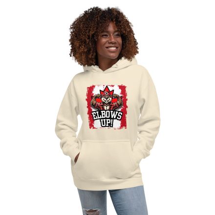 Unisex Premium Hoodie: Elbows Up Canada. (Beaver Character)