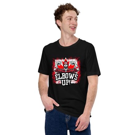 Unisex Staple T-Shirt: Elbows Up Canada (Male Character)