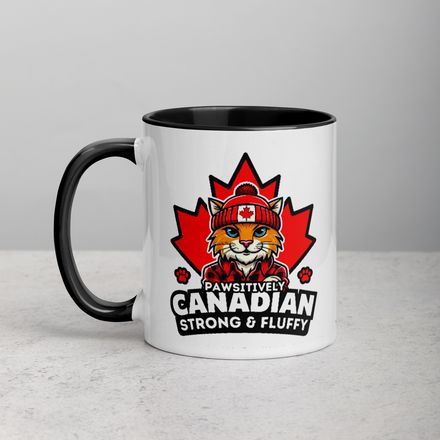 White Ceramic Mug with Coloured Accent: Pawsitively Canadian Strong and Fluffy (Cat Character)