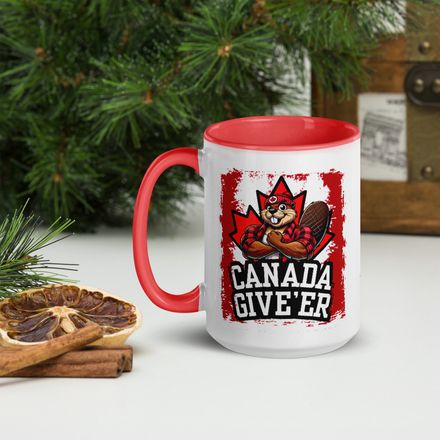 White Ceramic Mug with Coloured Accent: Canada Give&#x27;er (Beaver Character)