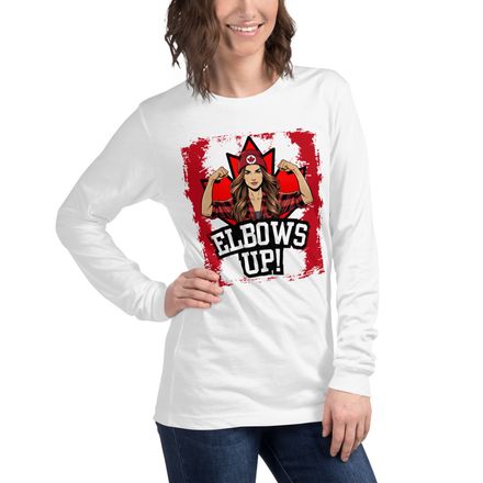 Unisex Long Sleeve Tee: Elbows Up Canada (Female Character)
