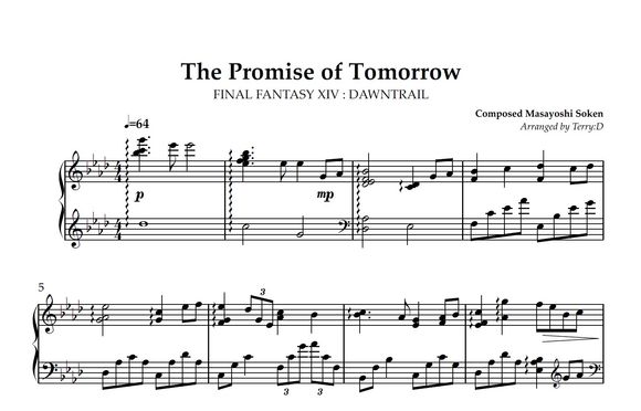 FFXIV -"The Promise of Tomorrow(Arr.by TerryD)"for piano solo (sheetmusic+MIDI)