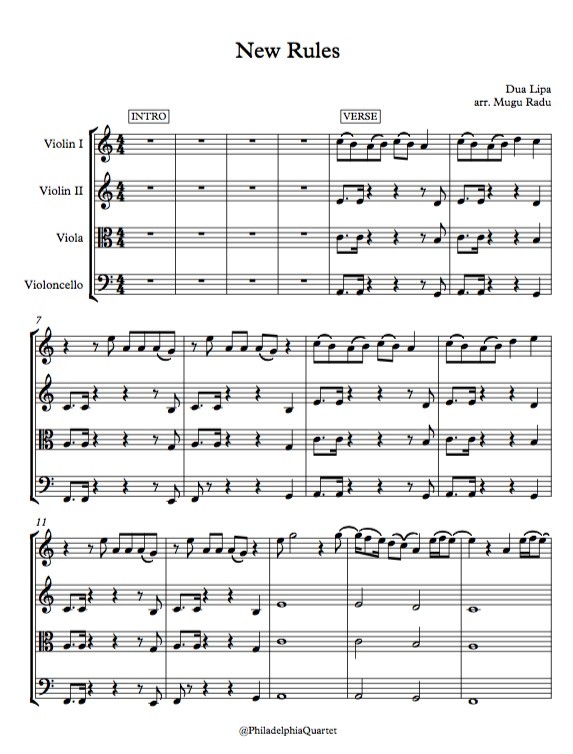 New Rules by Dua Lipa - String Quartet Sheet Music
