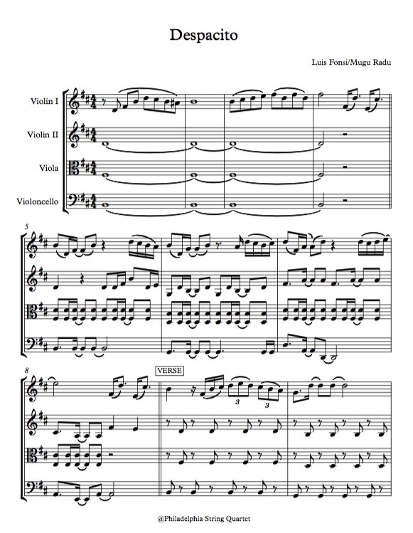Despacito by Luis Fonsi  - String Quartet Sheet Music