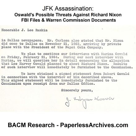 JFK Assassination: Oswald&#x27;s Possible Threats Against Richard Nixon FBI &amp; Warren Commission Files