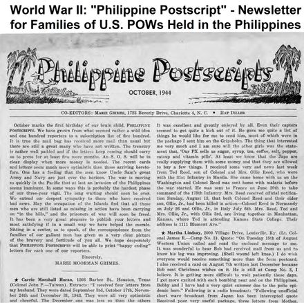 World War II: &quot;Philippine Postscript&quot; - Newsletter for Families of U.S. POWs Held in the Philippines