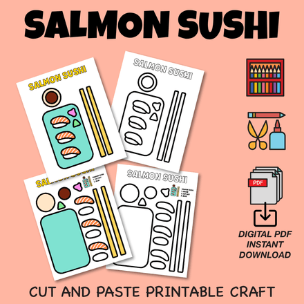 Salmon Sushi Cut and Paste Craft Coloring Worksheets for Kids