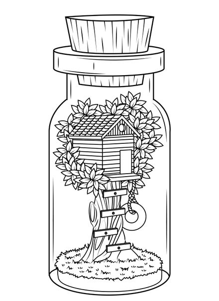 Miniature Tree House in Bottle Coloring Page Easy &amp; Fun Stress Relief Activity