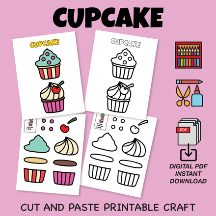 Cupcake Cut and Paste Craft Coloring Worksheets for Kids | Printable US Letter S