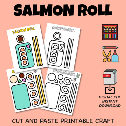 Salmon Roll Cut and Paste Craft Coloring Worksheets for Kids