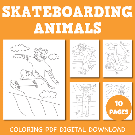 Skateboarding Animals Coloring Pages Pack 1