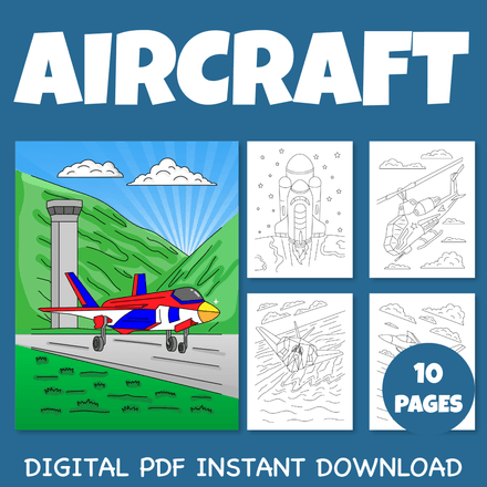 Aircraft such as airplane, helicopter and rocket Coloring Pages Pack 1