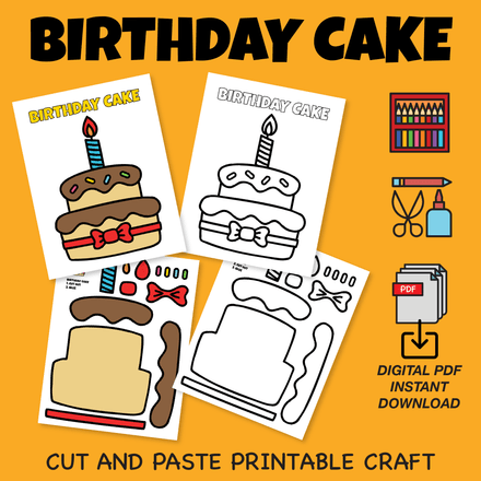 Birthday Cake Cut and Paste Craft Worksheets for Kids | Printable US Letter Size