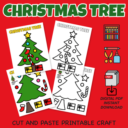 Christmas Tree Cut and Paste Craft Coloring Worksheets for Kids