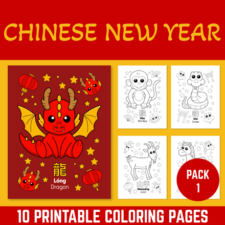 Chinese New Year and Zodiac Printable pdf Coloring Pages Pack 1