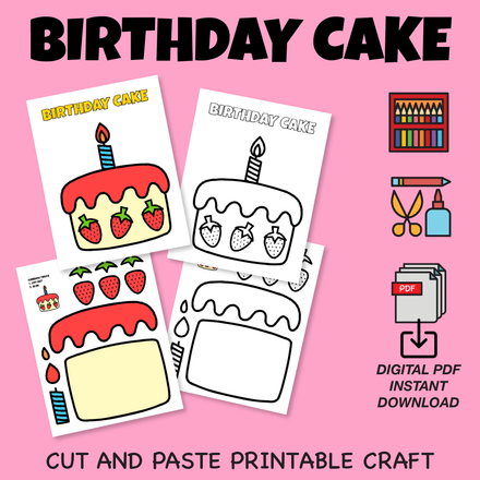 Strawberry Birthday Cake Cut and Paste Paper Craft Worksheets for Kids | Printable US Letter size