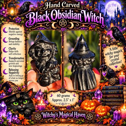 Hand-Carved Black Obsidian Witch – Crystal Figurine &amp; Altar Décor