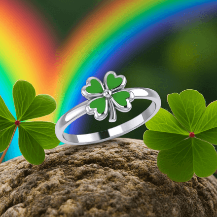 Four-Leaf Clover Green Enamel Sterling Silver Ring, size 8