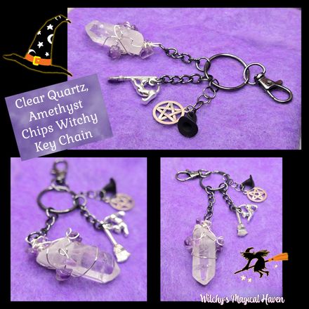 Clear Quartz, Amethyst Chips with Witchy Charms Keychain