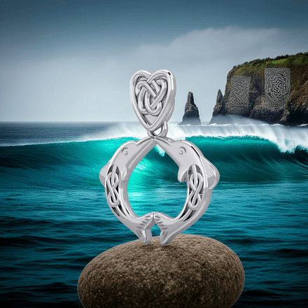Celtic Double Dolphin Celtic Heart Bale Sterling Silver Pendant