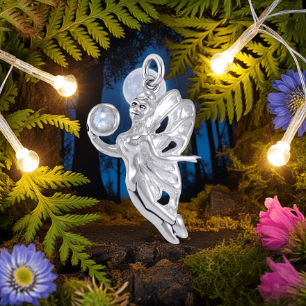 Enchanted Fairy Holding Moonstone Sterling Silver Pendant