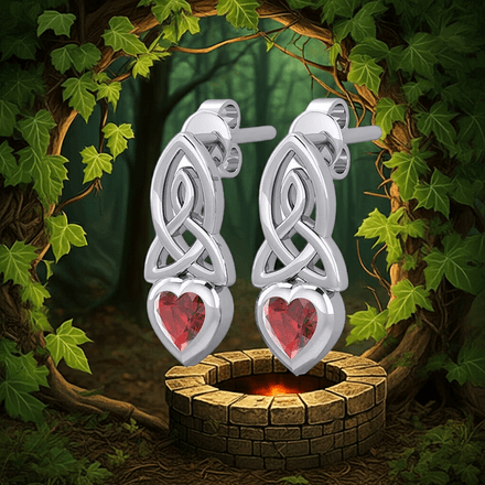 Celtic Knotwork Garnet Heart Sterling Silver Earrings