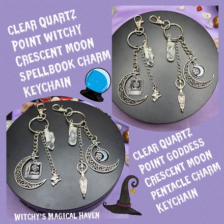 Clear Quartz Point Crescent Moon Witchy Charm Keychain Accessory