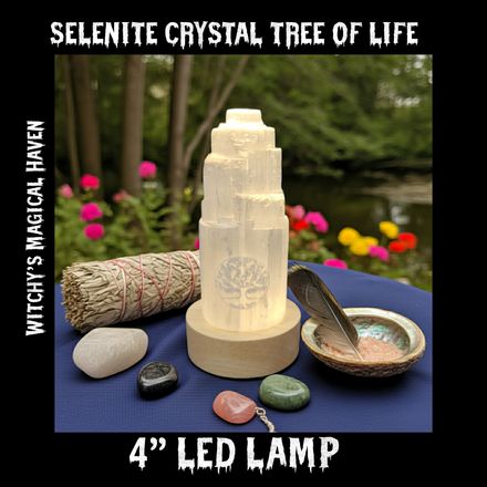 Selenite Crystal Tower 7-Color Changing LED Lamp etched with the Tree of Life