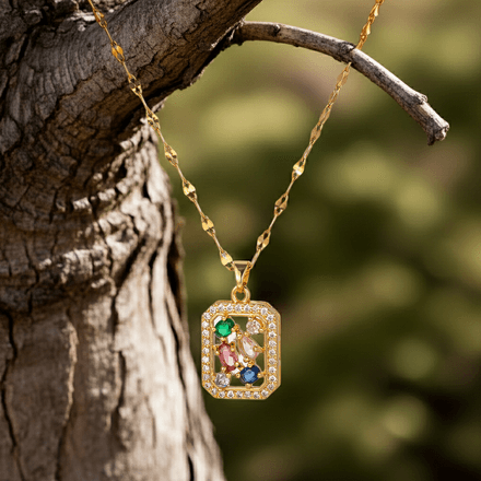 Square Cubic Zirconia 18k Gold Plated Stainless Steel Pendant