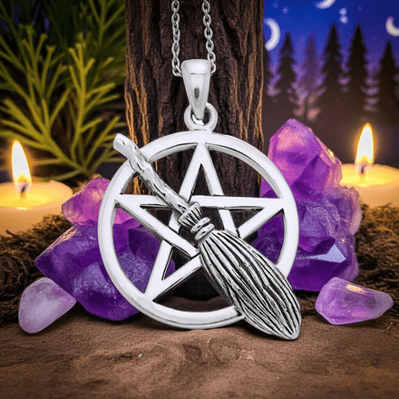 Broom on Pentacle Sterling Silver Pendant