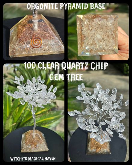 Clear Quartz Gemstone Chip Tree with Orgonite Pyramid Base