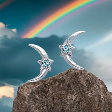 Crescent Moon and Blue Topaz Star Sterling Silver Post Earrings