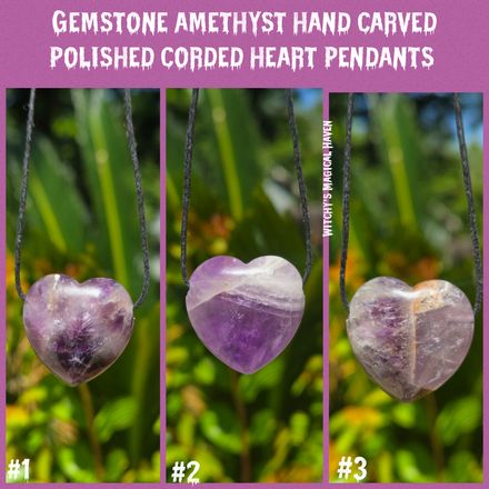 Amethyst Gemstone Hand Carved Corded Heart Pendants
