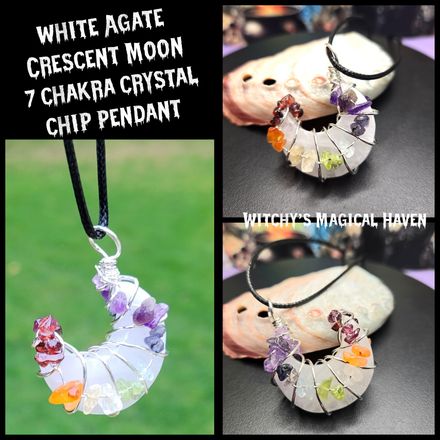 Wrapped White Agate Crescent Moon with 7 Chakra Chips Pendant