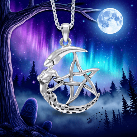 Sterling Silver Crescent Moon Goddess Pentagram Pendant