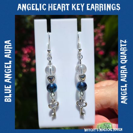 Angelic Heart Key Blue Angel Aura, Angel Aura Quartz Heart Key Charm Earrings