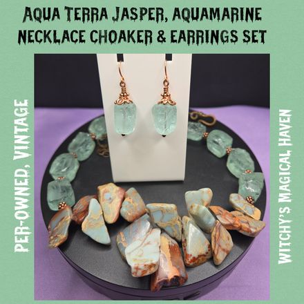 Aqua Terra Jasper and Aquamarine Necklace Choker and Earring Set, Vintage