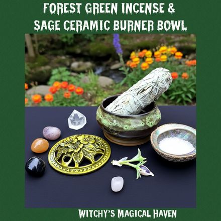 Forest Green Ceramic Incense &amp; Sage Burner Bowl with Floral Lid