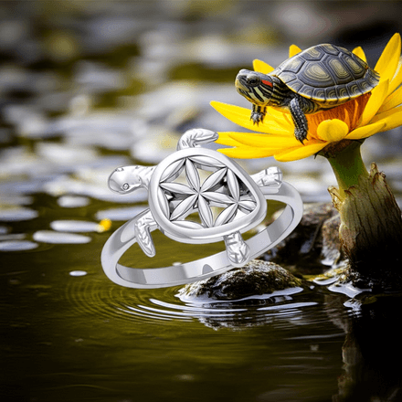 Turtle with Flower of Life Shell Sterling Silver Ring, Size 6