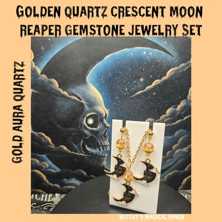 Golden Quartz Crescent Moon Reaper Gemstone Jewelry Set