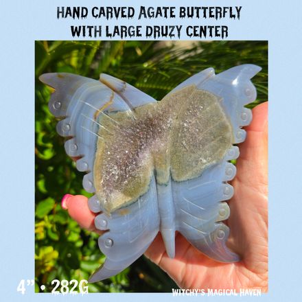 Hand-Carved Agate Butterfly with Large Sparkling Druzy Center