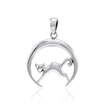 Crescent Moon Cat Sterling Silver Pendant