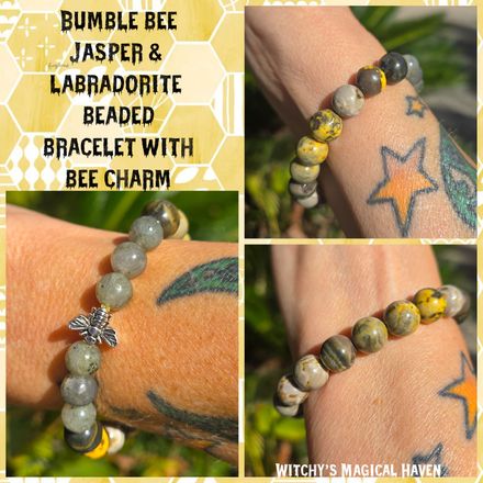 Bumble Bee Jasper &amp; Labradorite Gemstone Bracelet with Bee Charm