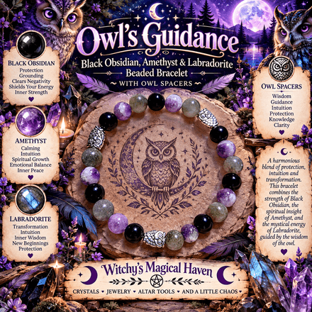 Owl's Guidance Black Obsidian, Amethyst, Labradorite Owl Bracelet