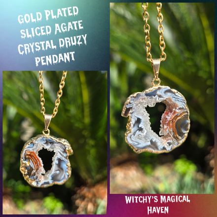 Gold-Plated Sliced Agate Geode with Open Crystalized Druzy Center Pendant